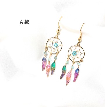 手作彩色羽毛補夢網耳環