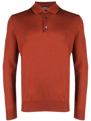 Zegna - long-sleeved knit polo shirt - men - Cashmere/Silk - 54 - Orange