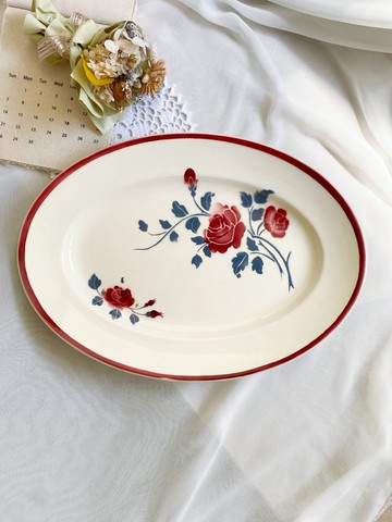 【好日戀物】法國帶回BADONVILLER手繪紅邊玫瑰橢圓餐盤 特大尺寸