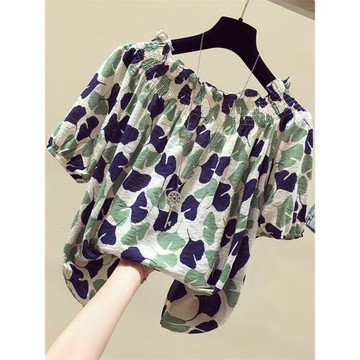 清倉撿漏~專柜外貿一字肩上衣女短袖遮肚子洋氣小衫碎花雪紡衫潮