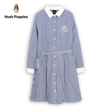 Hush Puppies 洋裝 女裝簡約HP拼接直條紋腰綁帶襯衫領洋裝