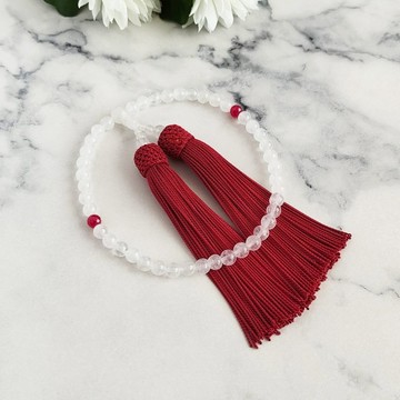 【女性用/主珠 6mm】合成紅寶石與白玉數珠・略式念珠/絲綢紅紫色流蘇 ~Ruby 7 月誕生石~
