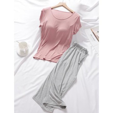 帶胸墊莫代爾睡衣女士2025新款寬松夏季家居服短袖七分褲居家套裝