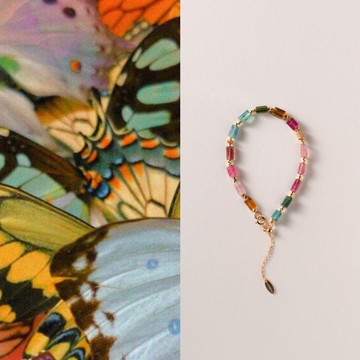 原創手工蝶漪小眾彩虹天然切面碧璽手串s925銀開運手鏈生日禮物