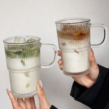 冰美式咖啡杯大容量飲品杯水杯ins復古/可疊帶把豎紋玻璃杯咖啡廳