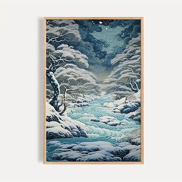 雪夜松川 / 日式現代浮世繪雪景松林裝飾畫
