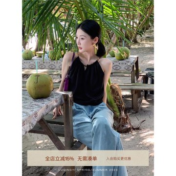 鷺青一原創【含珠】抽繩別致上衣女夏復古天絲亞麻小眾V領鏤空T恤