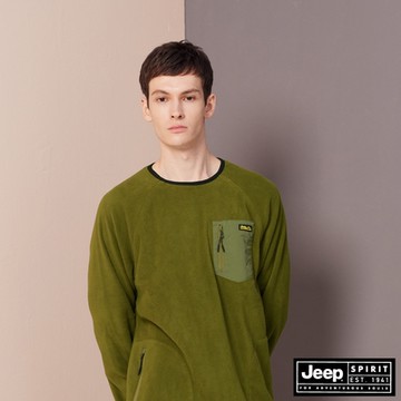 JEEP 男裝 口袋拉克蘭袖搖粒絨大學T-綠色