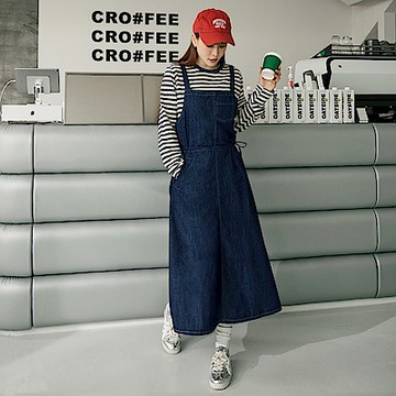 OB嚴選-純棉收腰綁帶牛仔吊帶長裙《DA10308-》