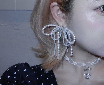 日系雙層珍珠蝴蝶結耳環 耳針 不鏽鋼 一對