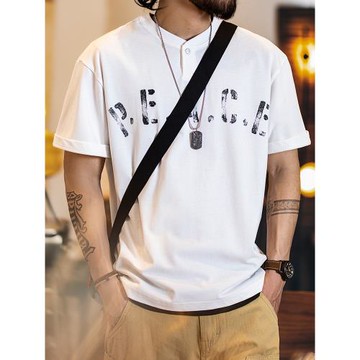 美式休閑印花短袖t恤男2025夏季新款亨利領polo衫微寬松純棉半袖