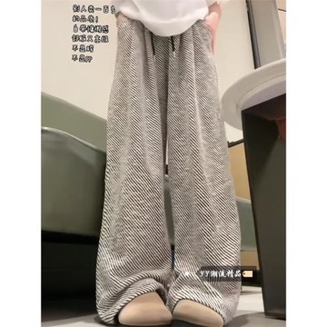 (免運)褲子bf慵懶風寬松條紋褲女秋季小個子垂感休閑直筒闊腿運動長褲