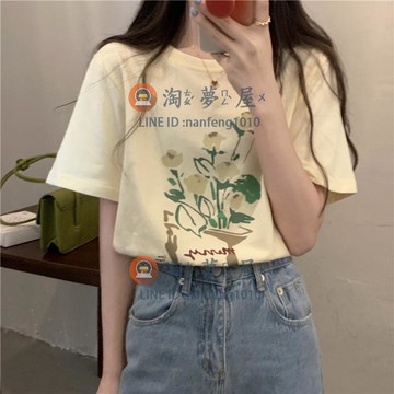 2022新款T恤女春裝復古水彩印花 寬松圓領白色短袖上衣【淘夢屋】
