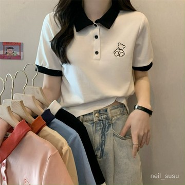 P3-【限時特賣】短袖上衣 polo上衣 翻折領上衣 短袖T恤 胖mm300斤大碼撞色polo領上衣女正肩短袖夏季小熊刺