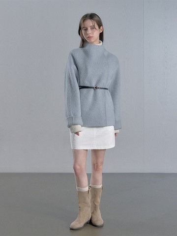 羊駝絨綁帶手工半長外套 - 淺藍色/象牙白/黑色
