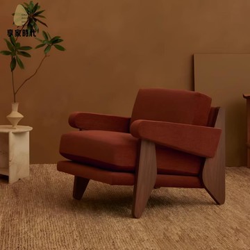 免運 侘寂風實木沙發椅  民宿酒店會客中古布藝沙發 設計師復古單人休閑椅xj12225