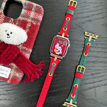 聖誕荔枝紋 真皮小蠻腰 顯瘦 適用 Apple watch 11 10 9 8 7 SE 蘋果手錶錶帶42mm 46mm