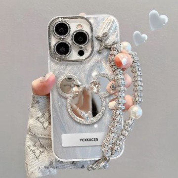米奇鏡子適用蘋果17promax手機殼帶支架iphone16promax新款彩繪15PM閃粉鏡頭膜14硅膠13高級感女17防摔保護套