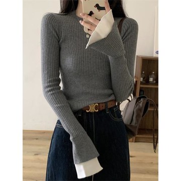 灰色針織衫女春秋2025新款內搭修身喇叭袖高級設計感打底毛衣上衣