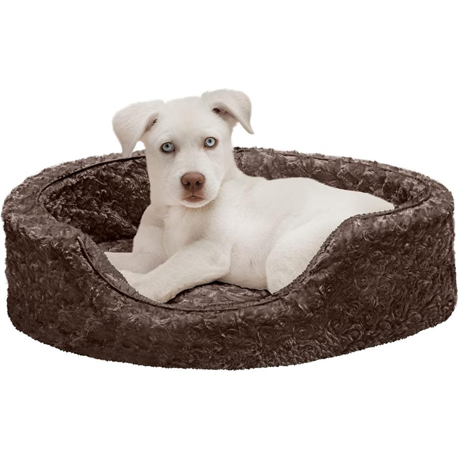 Furhaven Small Dog Bed Ultra Plush Curly Faux Fur Oval Lounger w