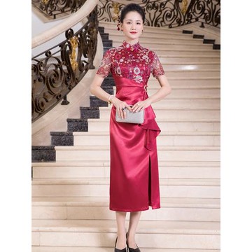 多麗琦新款改良旗袍裙紅色喜媽媽敬酒服高級婚宴喜婆婆復古連衣裙