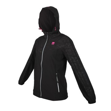 firestar 女輕量彈性連帽外套-反光 慢跑 路跑 迷彩 迷彩黑粉銀