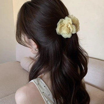 🌸爆款直降價🌸 髮圈 綁頭 髮飾 頭飾 飾品 配件 霧感網紗花朵抓夾女高級感2025新款髮夾後腦勺鯊魚夾半扎髮飾頭花