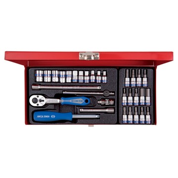 KING TONY 金統立 專業級套筒扳手工具31件組 二分 DR KT2531MR 1/4吋  1套  六角星型起子頭套筒 7個 + 六角起子頭套筒 5個 + 加長型接杆 2個 + 六角標準套筒 11個 + 四角方杆 + 滑杆 + 24齒膠套握把棘輪扳手 + 萬向接頭