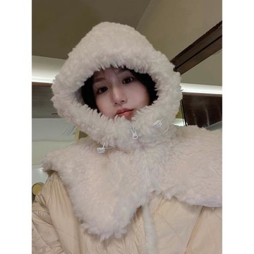冬季女羊羔毛帽子圍脖披肩一體保暖加厚防寒護耳騎車帽百搭包頭帽