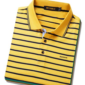 中年休閑涼爽絲光棉大碼短袖t恤男 黃色條紋保羅翻領polo衫爸爸裝