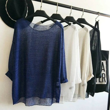 防曬罩衫春夏透視小性感寬松防曬針織罩衫上衣(韓風大碼)