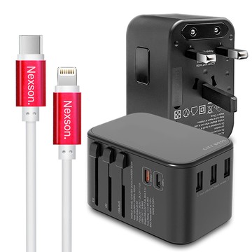 city萬用轉接頭急速充電器33w pd快充-黑+蘋果認證mfi c to l pd線150cm-紅