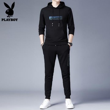 花花公子休閑套裝男士2026年春秋季加絨衛衣搭配連帽運動服男一套
