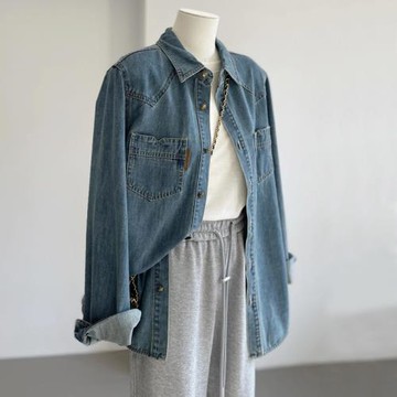 自留爆款推薦~法式復古藍色牛仔襯衫女2025秋季新款疊穿氣質上衣