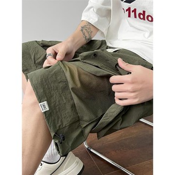 防水速干五分褲男夏季潮牌寬松直筒假兩件短褲美式山系闊腿休閑褲