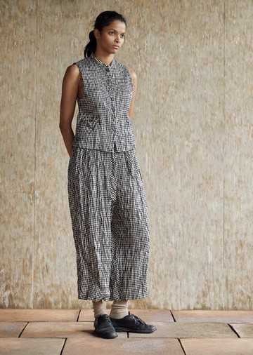 復古文青 絲棉格子背心 立領上衣