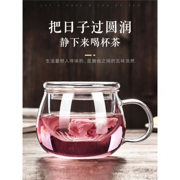 耐熱玻璃花茶杯透明家用水杯子帶把蓋加厚茶水分離辦公過濾泡茶杯