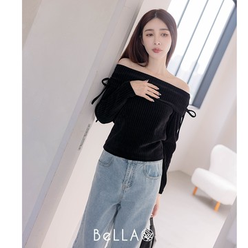 【秋冬新品】BeLLA  一字領蝶結毛衣 黑色