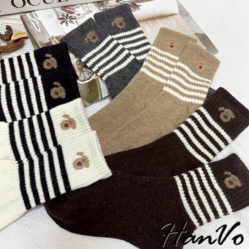 【HanVo】條紋大耳狗保暖中筒襪 親膚透氣百搭羊毛襪 韓系潮流休閒襪 女生配件 A12-6340
