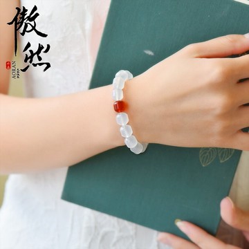 傲然天然冰種白瑪瑙手鏈 荔枝凍白玉髓手串 老型珠桶珠白色手串