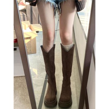 美拉德~騎士靴女高筒2025年新款圓頭厚底增高v口不過膝棕色長筒靴