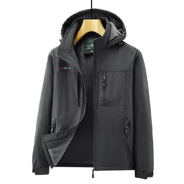 【HOT 本舖】男装8189A加絨保暖連帽寬鬆大碼防水防風衝鋒衣外套男士秋冬新款戶外休閒工裝搖粒絨夾克男