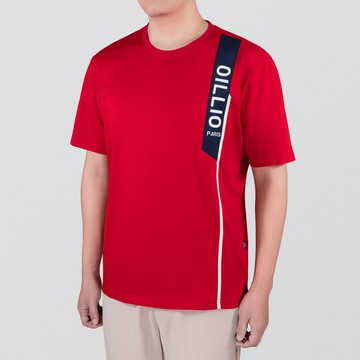 oillio 短袖品牌拼接圓領T恤 彈力穿搭 簡約時尚 紅色 25122350
