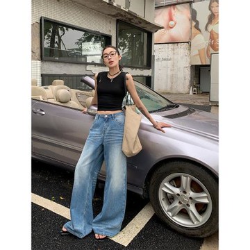 ROOZ【折痕擦色貓須】時尚水洗牛仔褲女寬松直筒拖地褲街頭闊腿