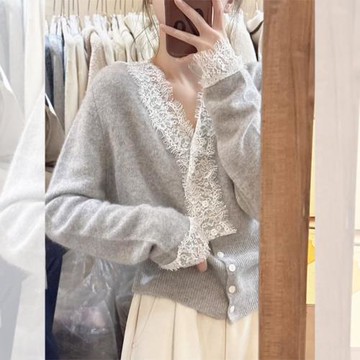 時尚漂亮灰色蕾絲V領針織開衫外套女秋冬獨特別致外穿洋氣小上衣