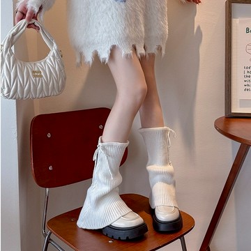 【Fee隔日到貨7色】蝴蝶結綁帶堆堆針織襪套🔥堆堆襪 針織襪套 直紋襪套 小腿襪 百搭保暖軟萌 長靴套 jk風 襪子