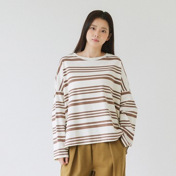 休閒條紋長袖T 咖啡F