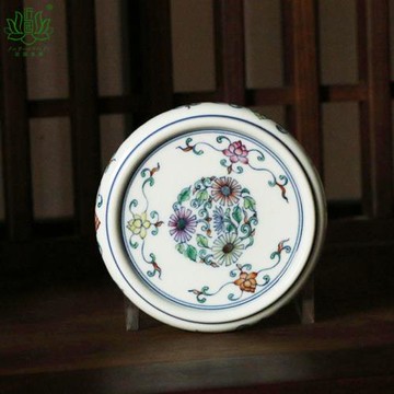 斗彩團菊紋蓋置景德鎮陶瓷青花手繪纏枝蓮紋茶托蓋托