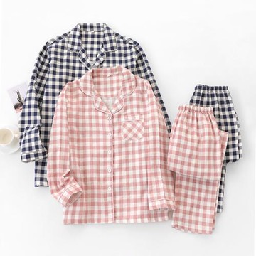 日系簡約格子情侶家居服女睡衣男士春秋長袖純棉紗布薄款套裝全棉