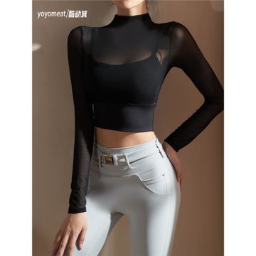 yoyomeat性感綁帶運動T恤露臍緊身訓練衣長袖瑜伽服帶胸墊健身服